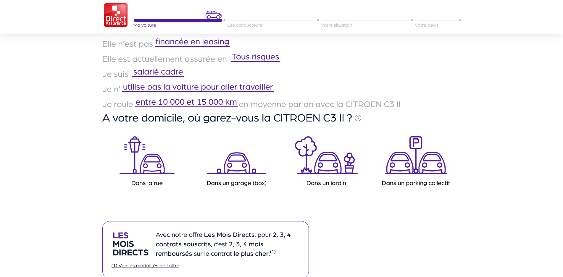 Question du devis automobile Direct Assurance proposant quatre choix illustrés de stationnement.